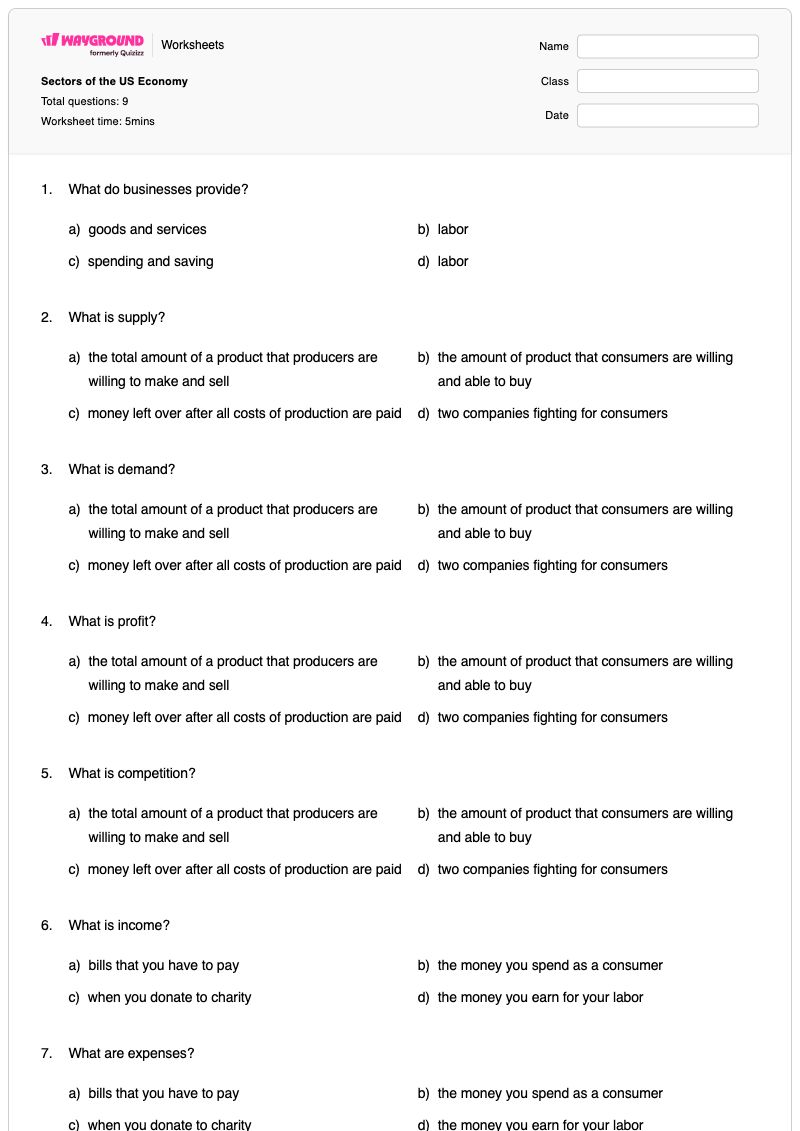 Sectors of the US Economy - Printable Earned-income Worksheets Class 5 - Wayground