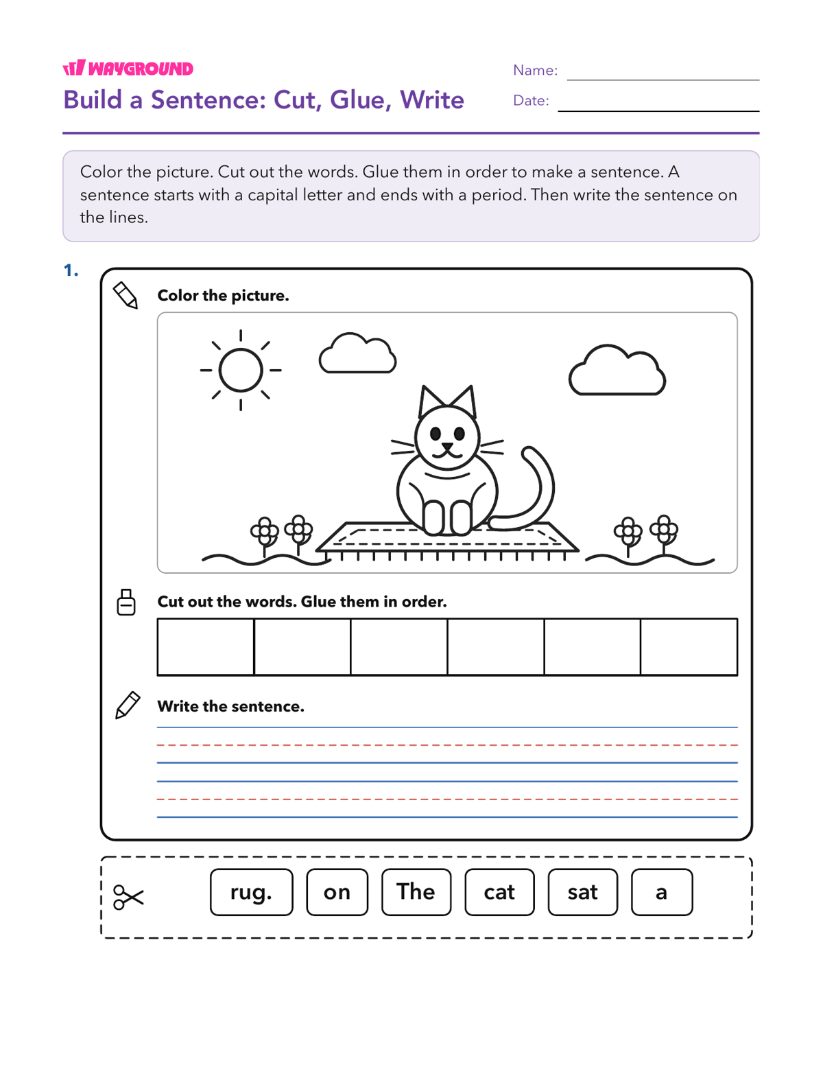 Build a Sentence: Cut, Glue, Write - Dapat dicetak Pembuka-kalimat Lembar-kerja Kelas 1 - Wayground