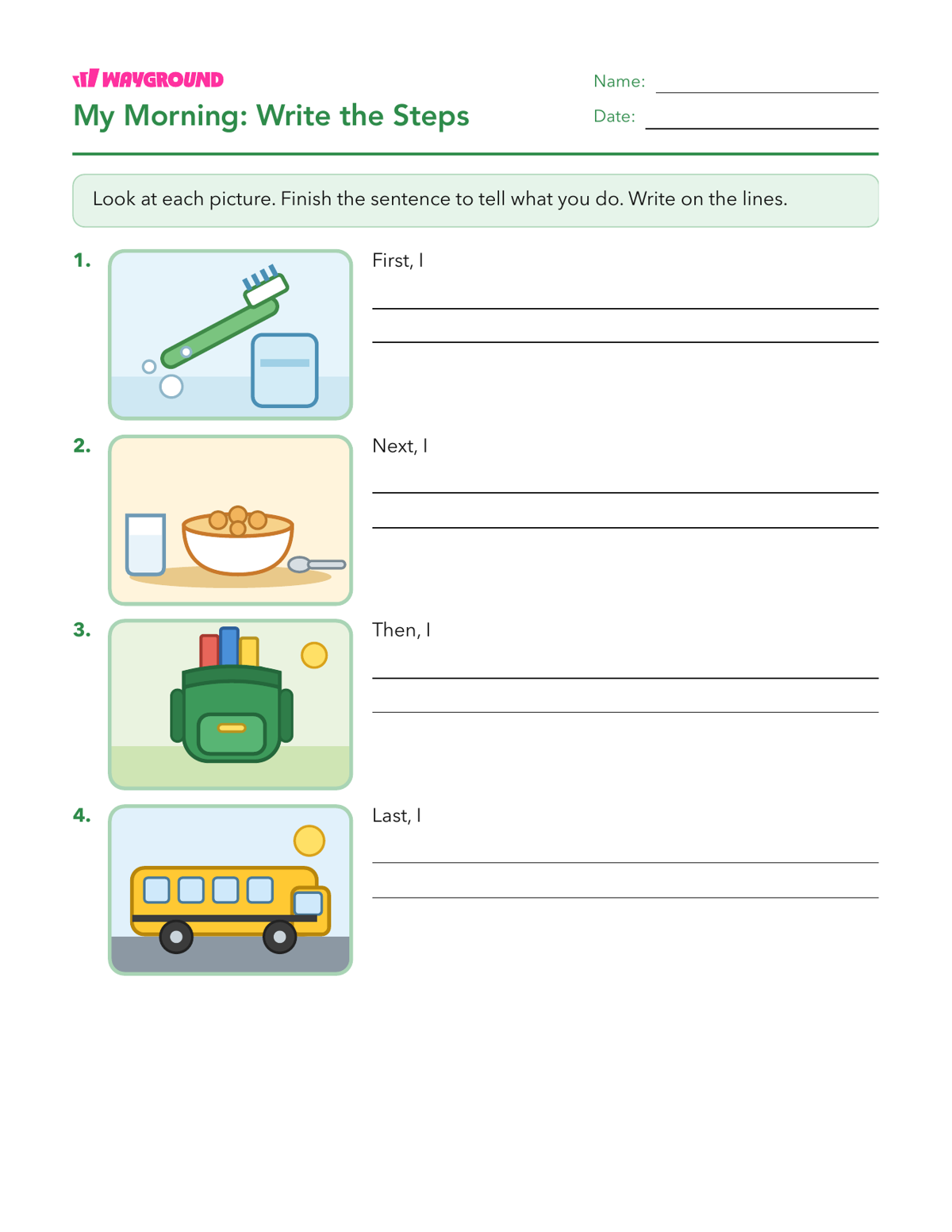 My Morning: Write the Steps - Dapat dicetak Pembuka-kalimat Lembar-kerja Kelas 1 - Wayground