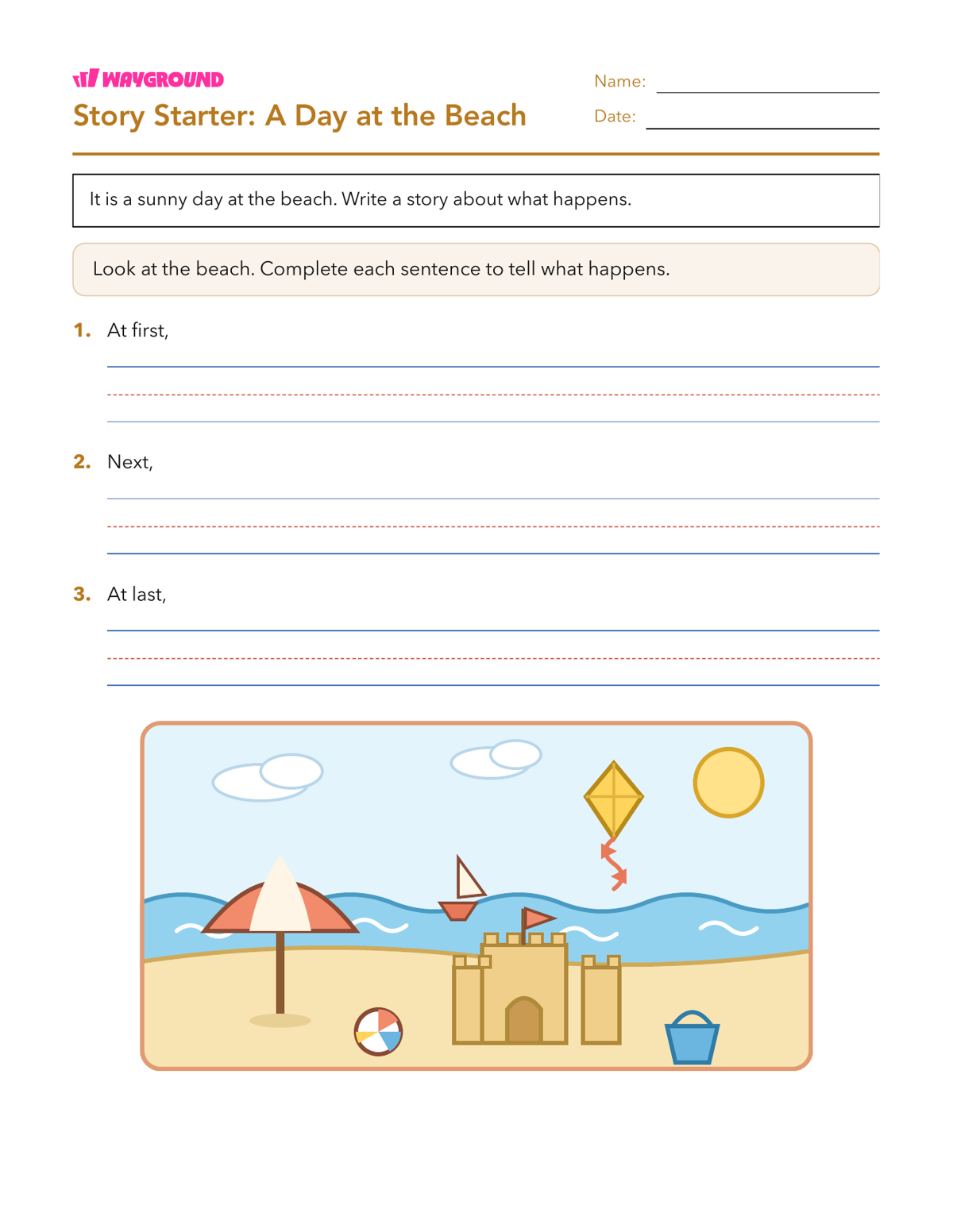 Story Starter: A Day at the Beach - Dapat dicetak Pembuka-kalimat Lembar-kerja Kelas 1 - Wayground