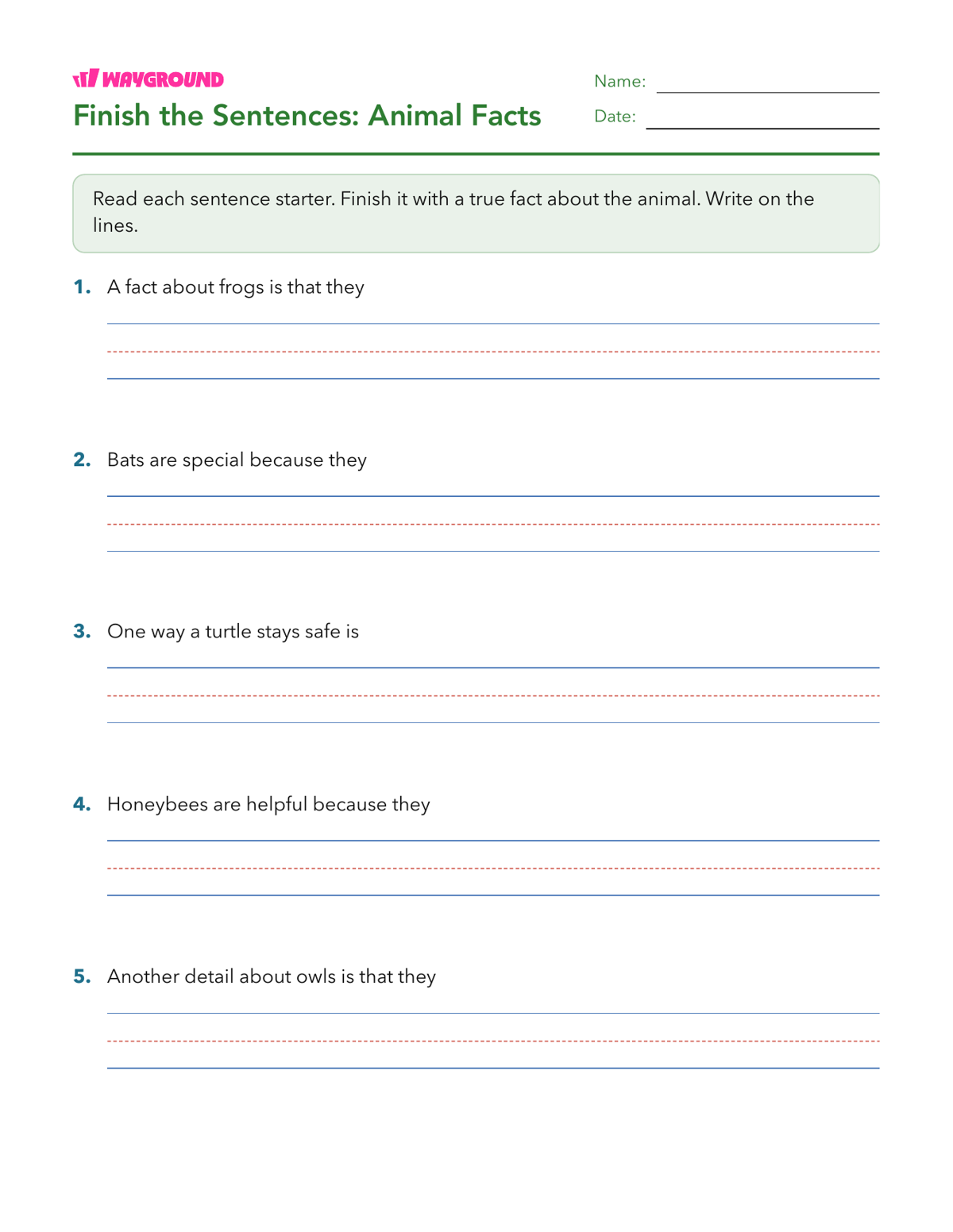 Finish the Sentences: Animal Facts - Printable Sentence-starters Worksheets Grade 3 - Wayground