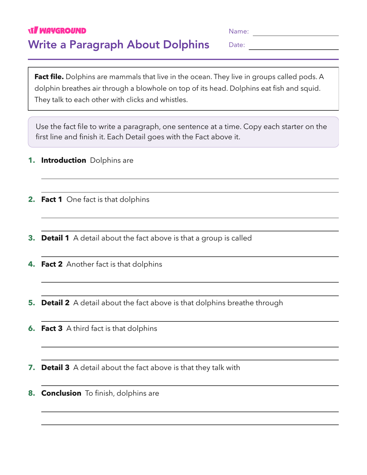 Write a Paragraph About Dolphins - Printable Sentence-starters Worksheets Grade 3 - Wayground