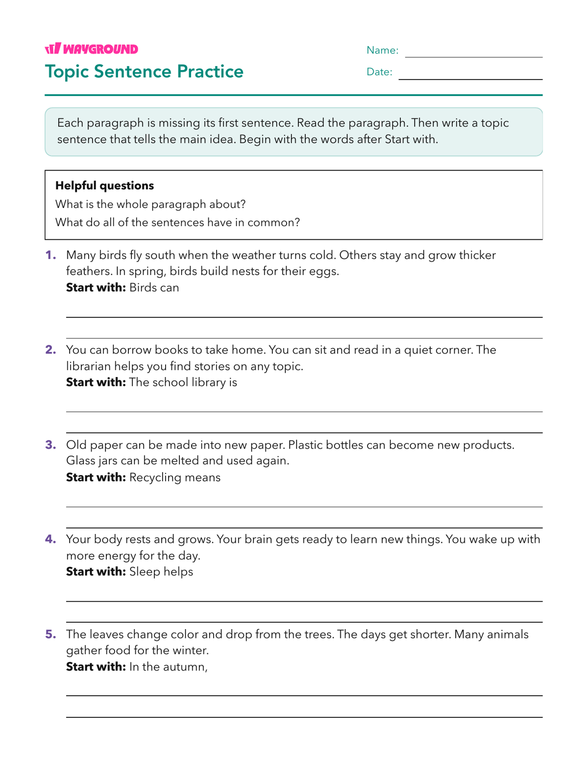 Topic Sentence Practice - Printable Sentence-starters Worksheets Grade 3 - Wayground