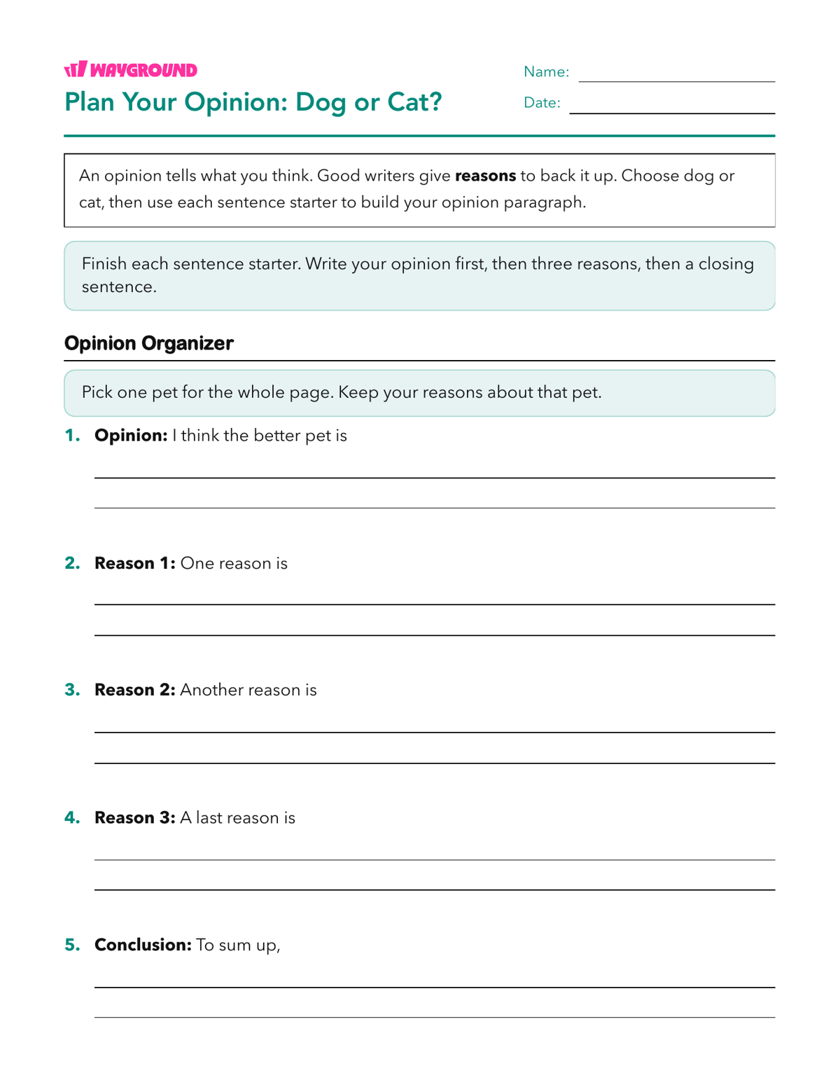 Plan Your Opinion: Dog or Cat? - Printable Sentence-starters Worksheets Grade 3 - Wayground