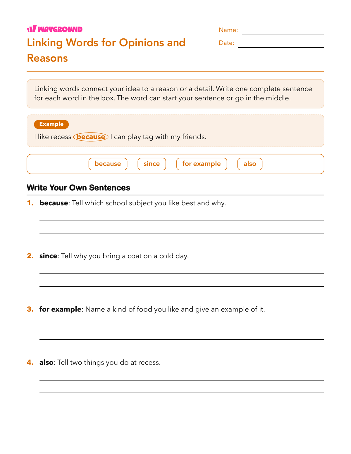 Linking Words for Opinions and Reasons - Printable Sentence-starters Worksheets Grade 3 - Wayground