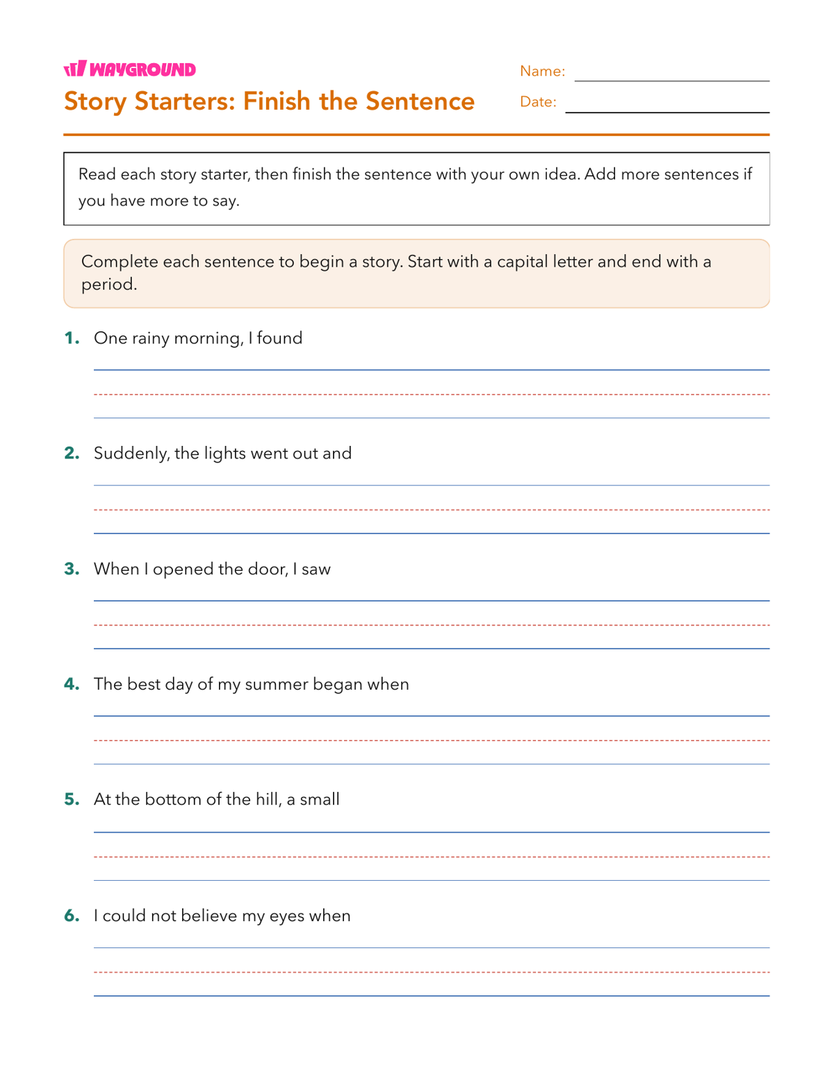 Story Starters: Finish the Sentence - Printable Sentence-starters Worksheets Grade 3 - Wayground