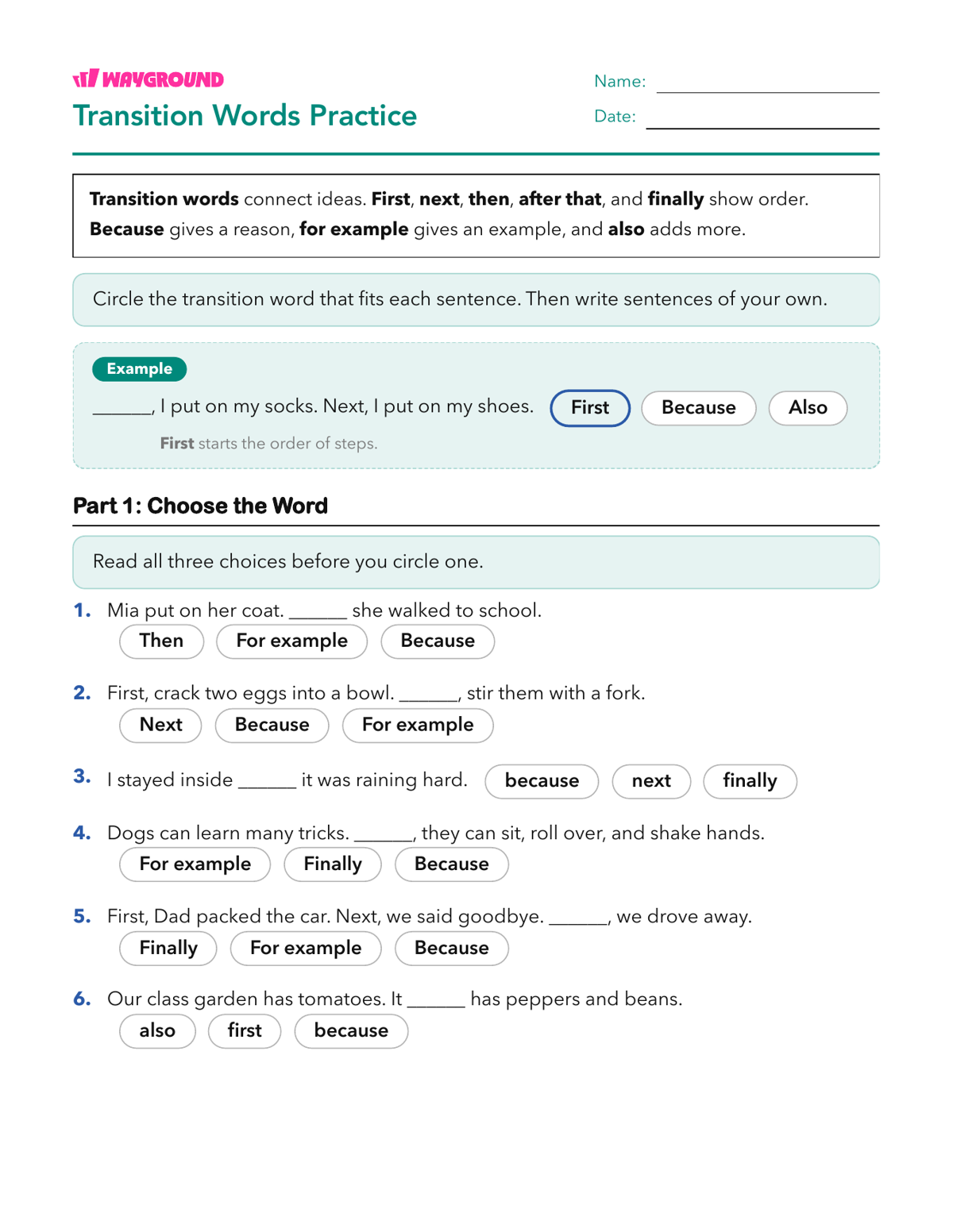 Transition Words Practice - Printable Sentence-starters Worksheets Grade 3 - Wayground