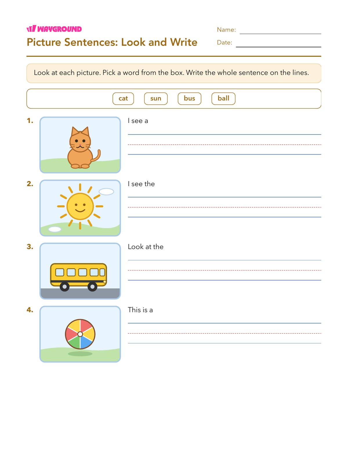 Picture Sentences: Look and Write - Nadający się do druku Początki-zdań Karty-pracy Przedszkole - Wayground