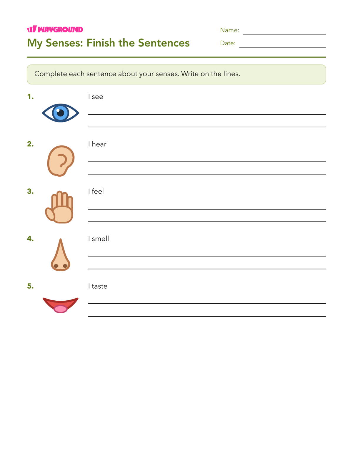 My Senses: Finish the Sentences - Nadający się do druku Początki-zdań Karty-pracy Przedszkole - Wayground