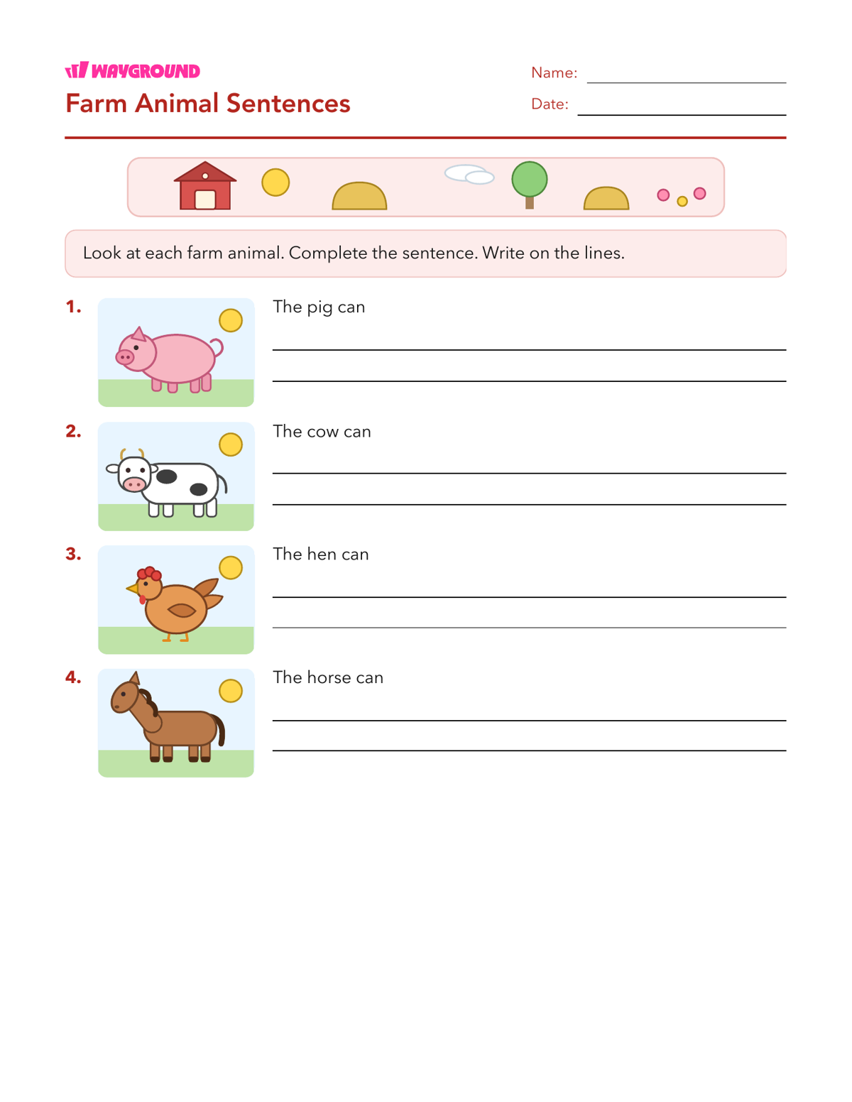 Farm Animal Sentences - Nadający się do druku Początki-zdań Karty-pracy Przedszkole - Wayground