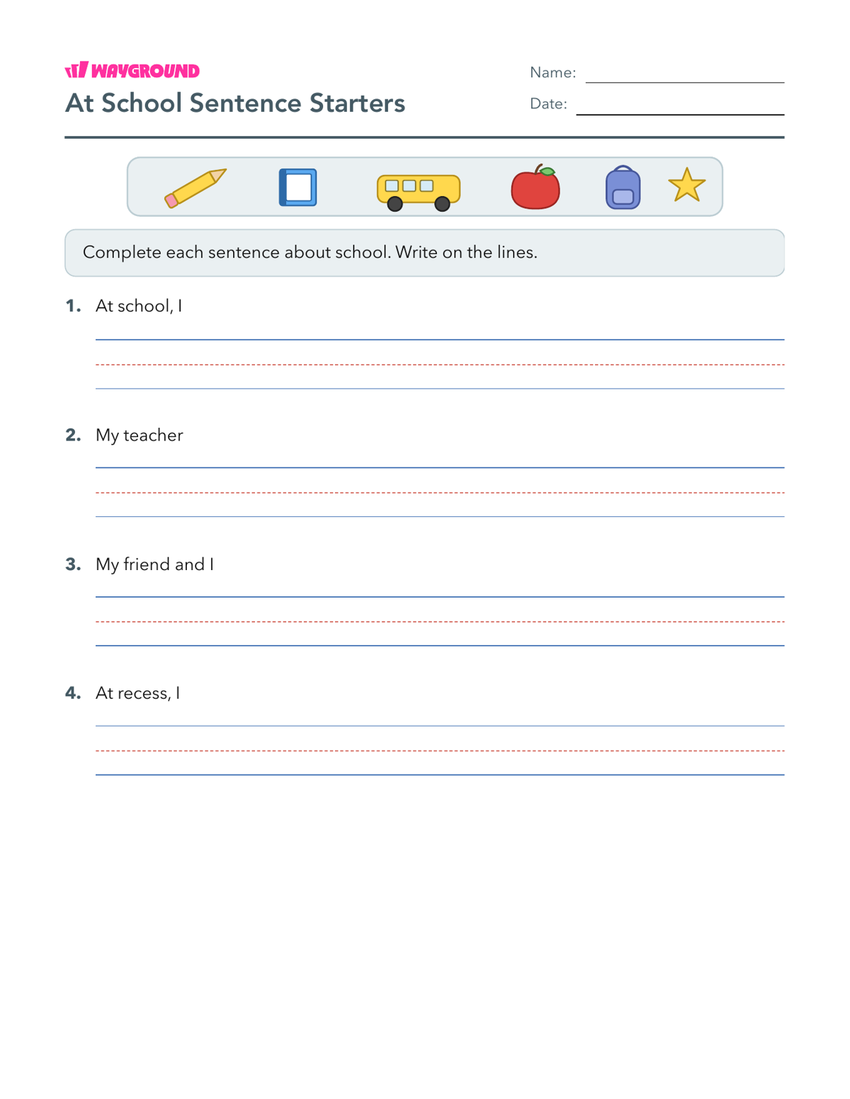 At School Sentence Starters - Nadający się do druku Początki-zdań Karty-pracy Przedszkole - Wayground