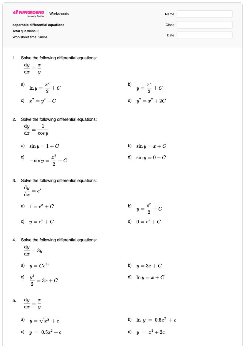 separable differential equations - พิมพ์ได้ สมการเชิงอนุพันธ์ เวิร์กชีท ระดับ 12 - Wayground
