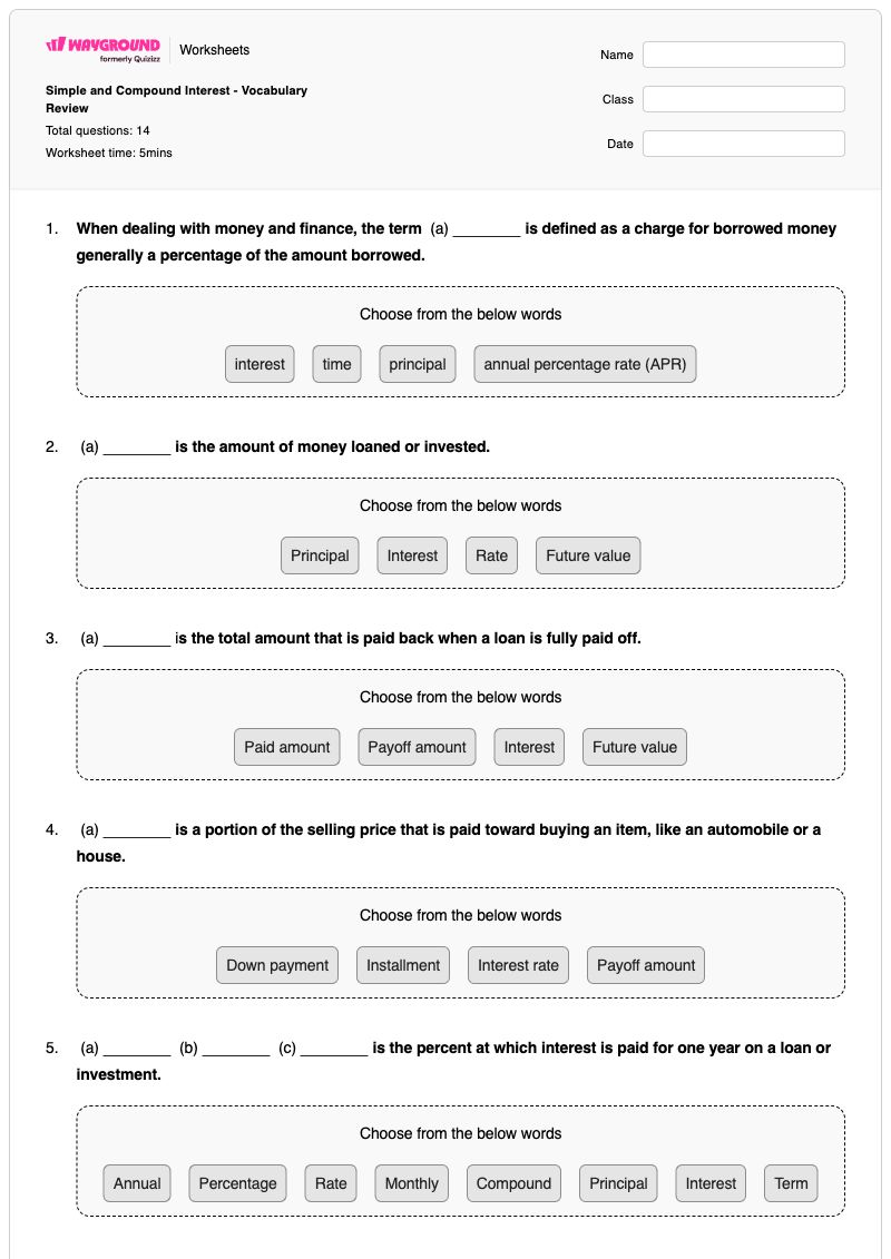 Simple and Compound Interest - Vocabulary Review - พิมพ์ได้ Compound-and-continuous-interest เวิร์กชีท - Wayground