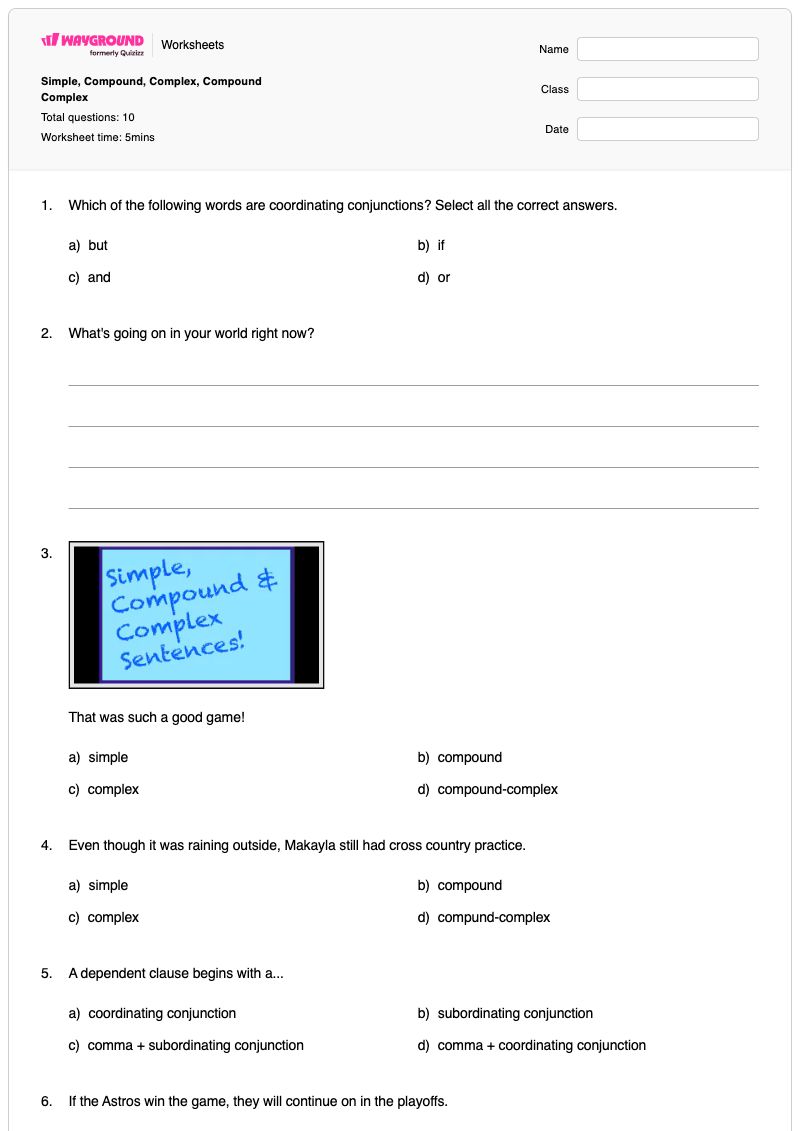Simple, Compound, Complex, Compound Complex - พิมพ์ได้ Diagramming-sentences เวิร์กชีท ระดับ 11 - Wayground