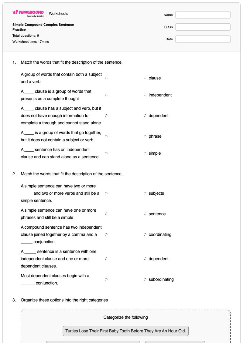 Simple Compound Complex Sentence Practice - พิมพ์ได้ การวิเคราะห์โครงสร้างประโยค เวิร์กชีท ระดับ 9 - Wayground