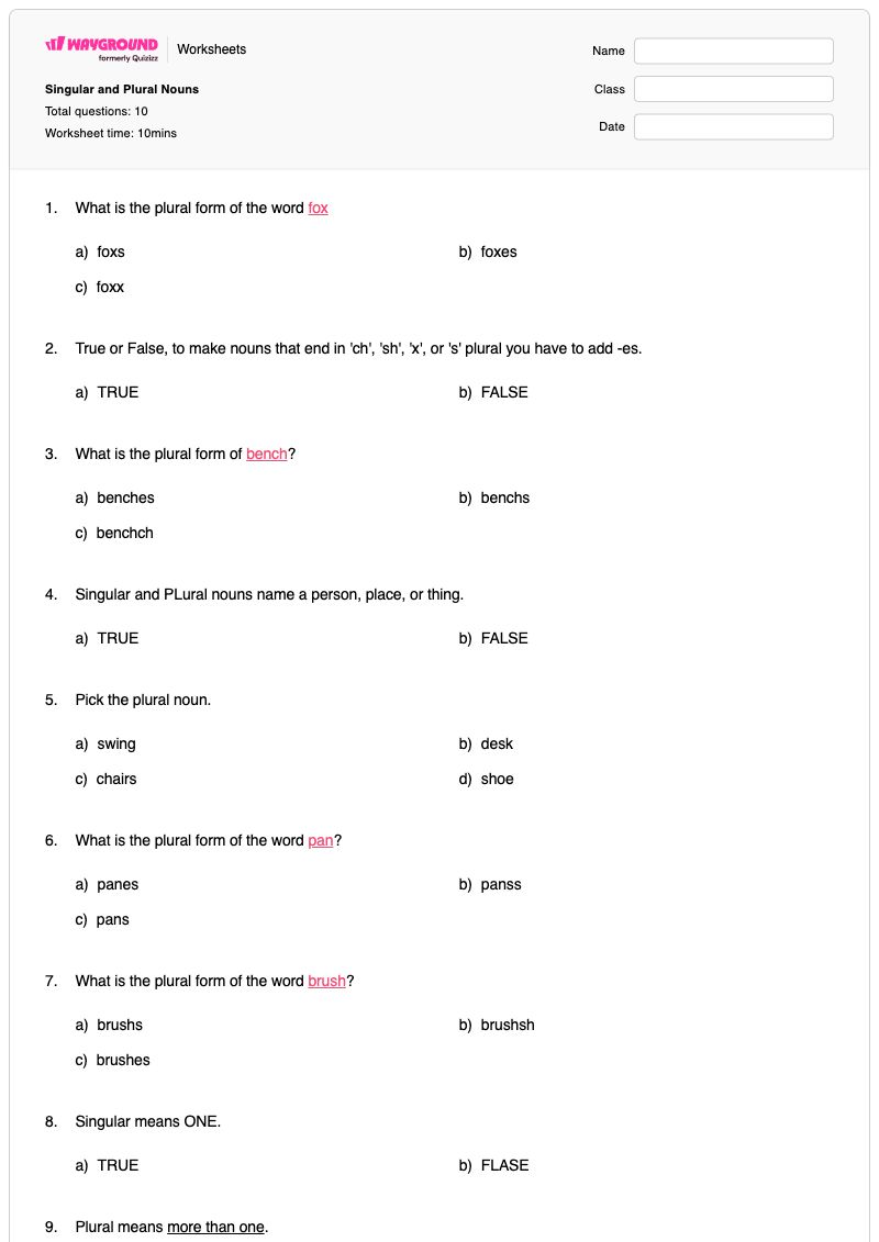 Singular and Plural Nouns - พิมพ์ได้ กฎการใช้คำพหูพจน์ เวิร์กชีท ระดับ 1 - Wayground