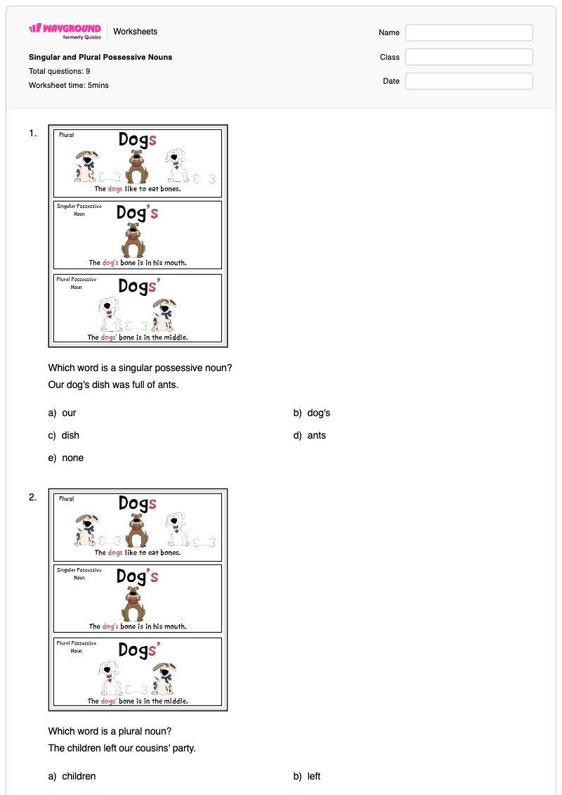Singular and Plural Possessive Nouns - Printable Plural-possessives Worksheets Grade 5 - Wayground