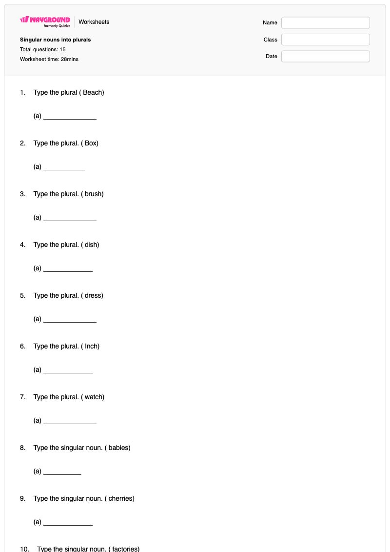 Singular nouns into plurals - พิมพ์ได้ กฎการใช้คำพหูพจน์ เวิร์กชีท ระดับ 4 - Wayground
