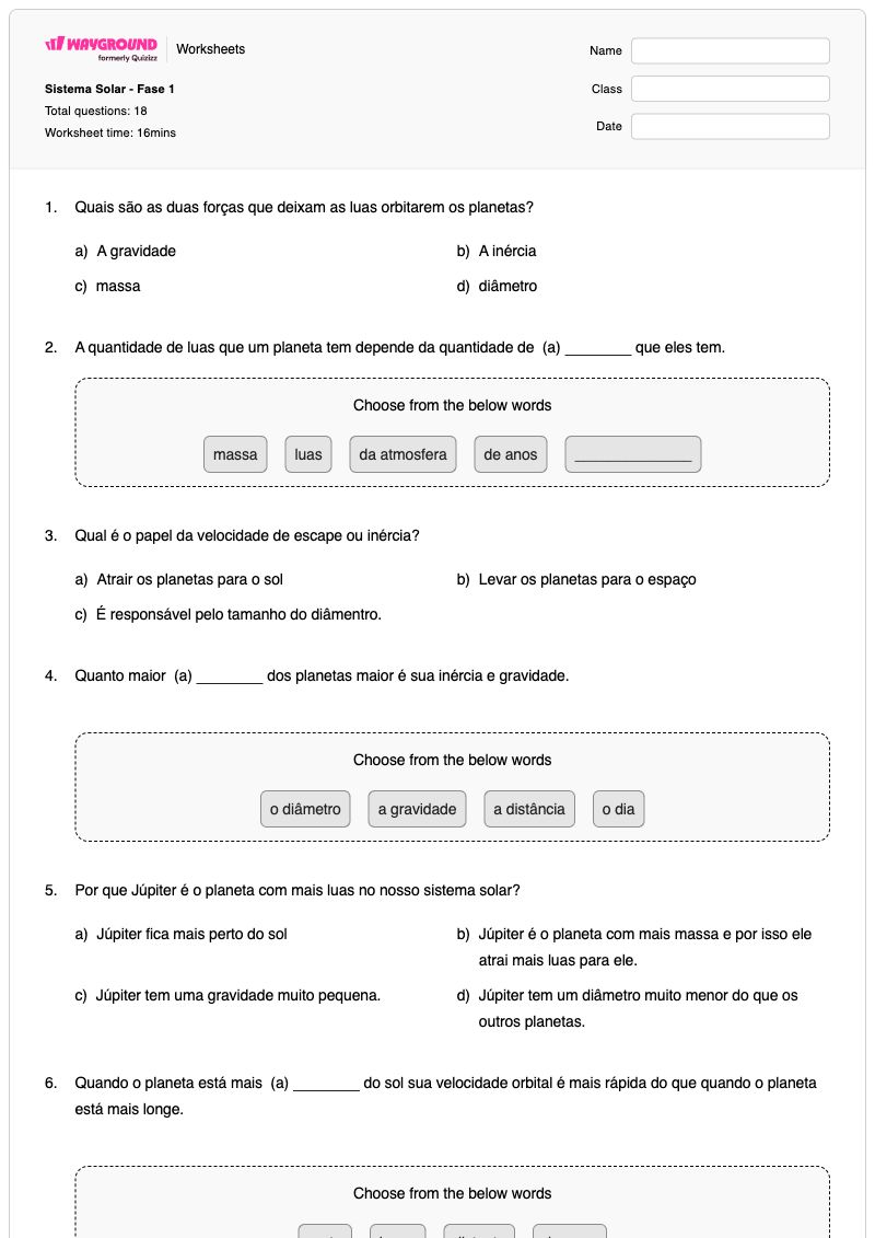 Sistema Solar - Fase 1 - Imprimível Alegação-evidência-raciocínio Fichas-de-trabalho Série 6 - Wayground