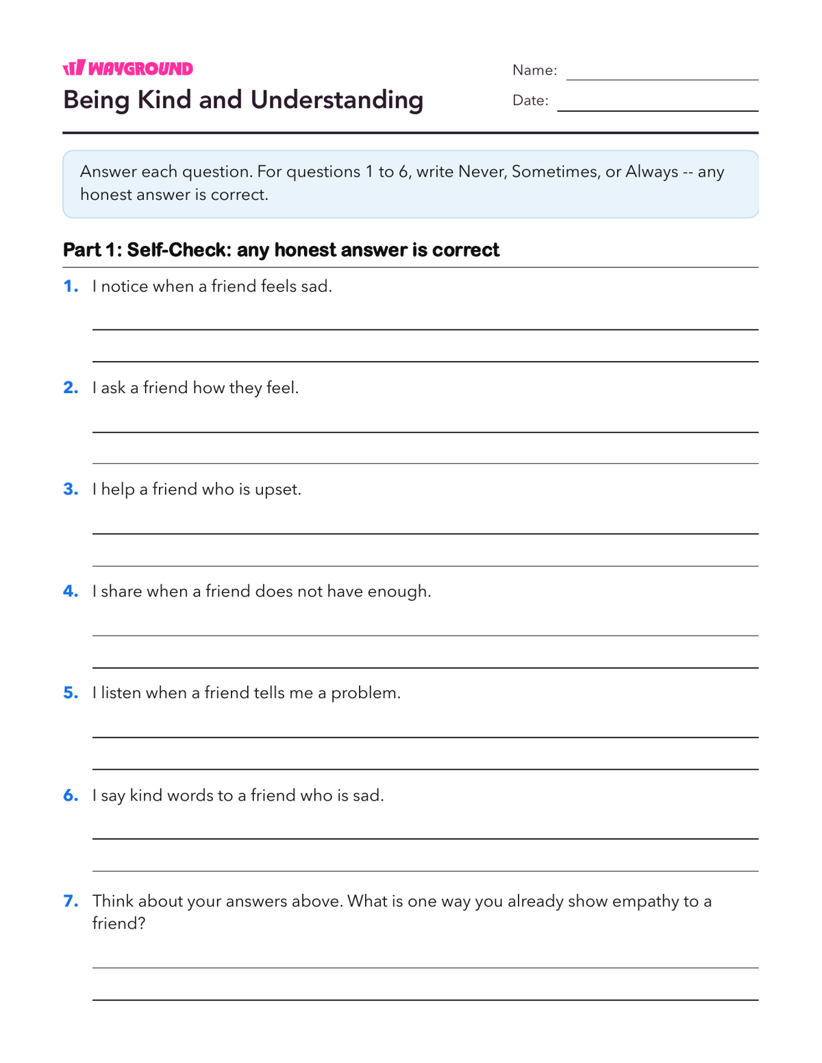 Being Kind and Understanding - Printable Social-emotional-learning Worksheets Class 2 - Wayground