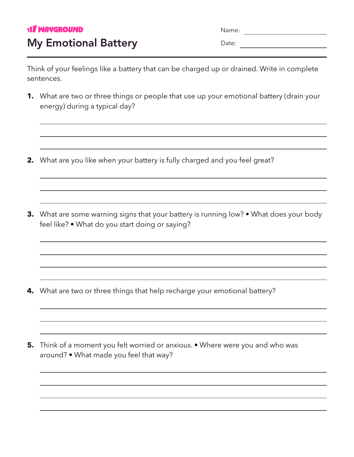 My Emotional Battery - Printable Social-emotional-learning Worksheets Class 4 - Wayground