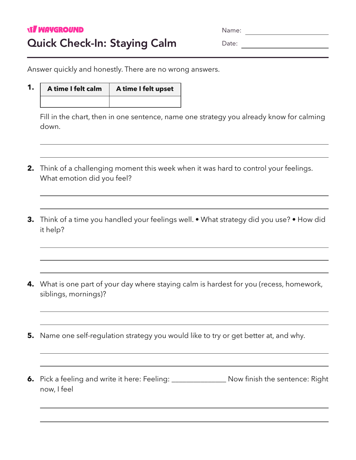Quick Check-In: Staying Calm - Printable Social-emotional-learning Worksheets Class 4 - Wayground