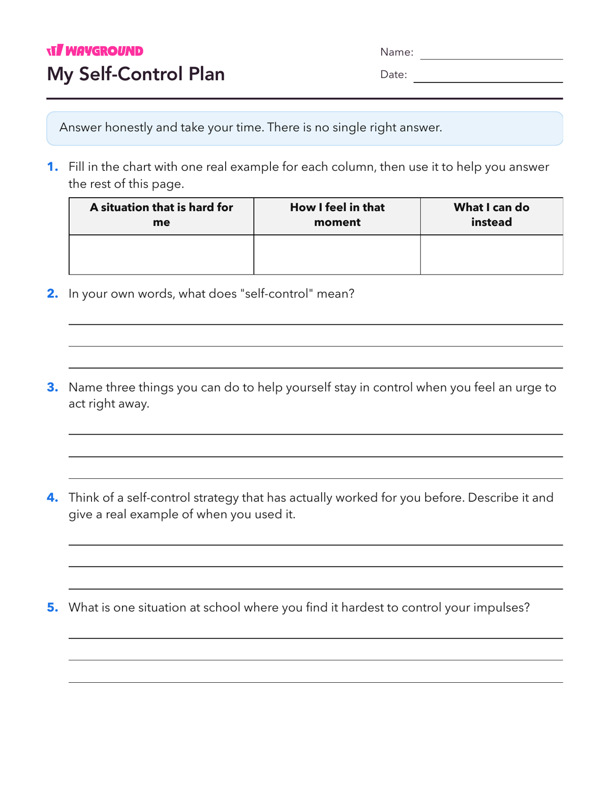 My Self-Control Plan - Printable Social-emotional-learning Worksheets Class 4 - Wayground