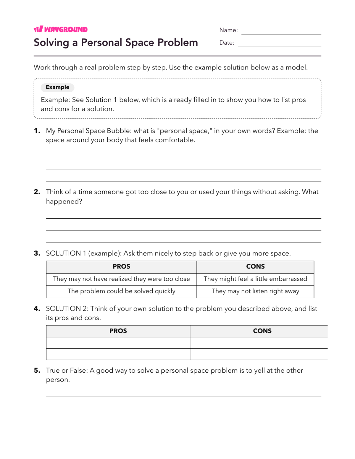 Solving a Personal Space Problem - Printable Social-emotional-learning Worksheets Class 4 - Wayground