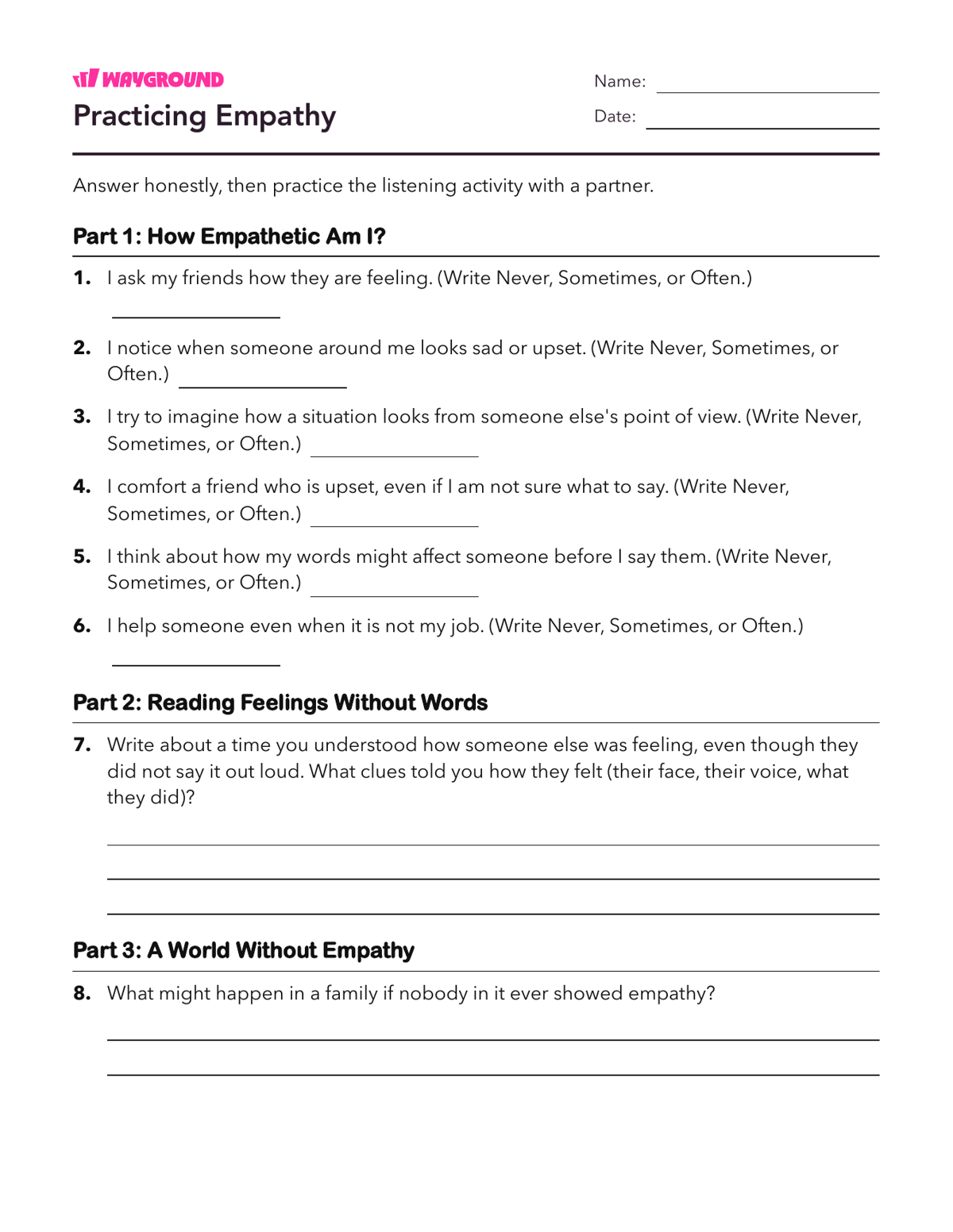 Practicing Empathy - Printable Social-emotional-learning Worksheets Class 4 - Wayground