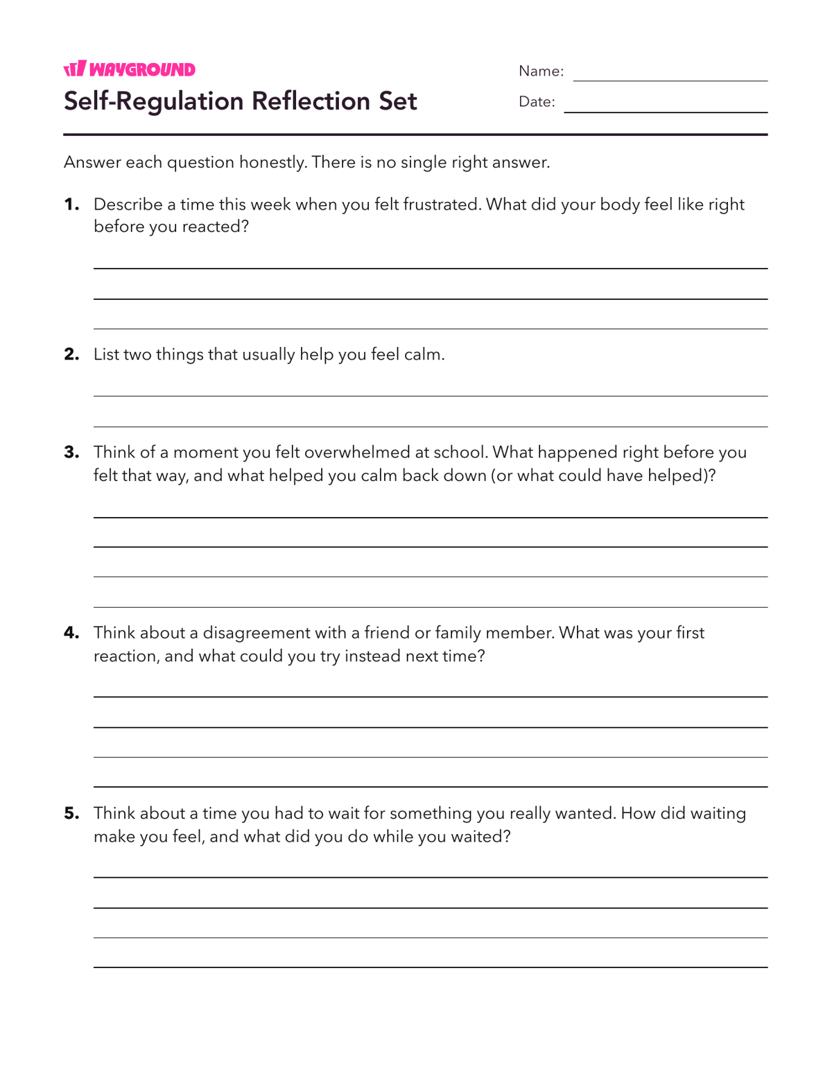Self-Regulation Reflection Set - Printable Social-emotional-learning Worksheets Class 5 - Wayground