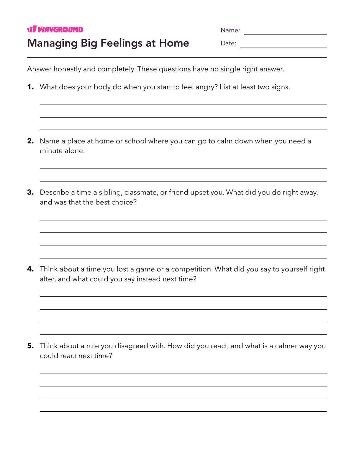 Managing Big Feelings at Home - Printable Social-emotional-learning Worksheets Class 5 - Wayground
