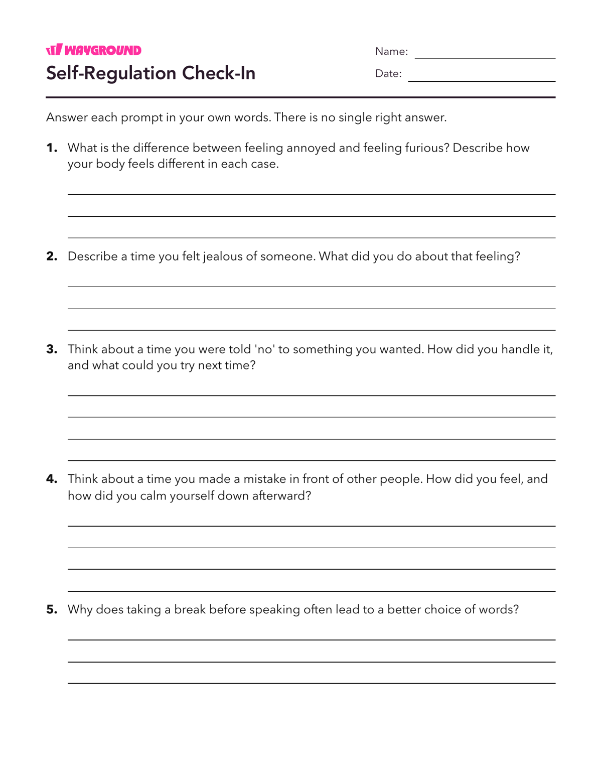 Self-Regulation Check-In - Printable Social-emotional-learning Worksheets Class 5 - Wayground
