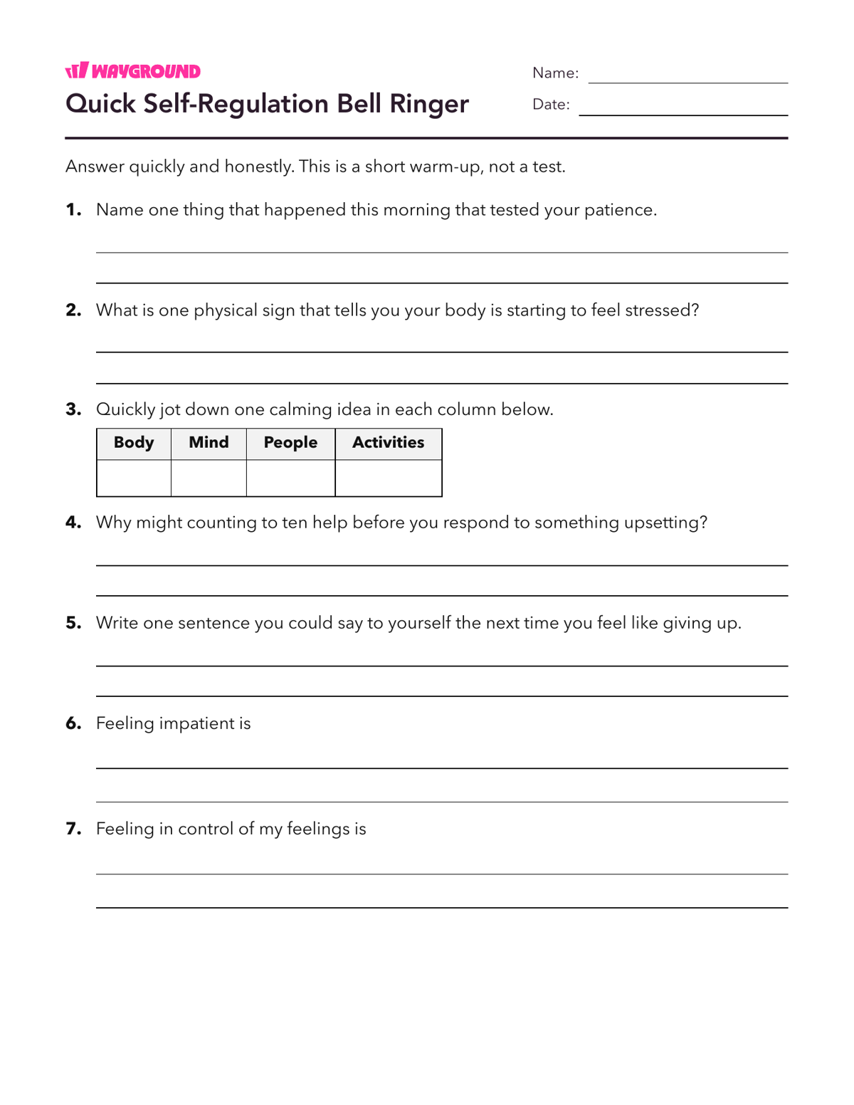 Quick Self-Regulation Bell Ringer - Printable Social-emotional-learning Worksheets Class 5 - Wayground