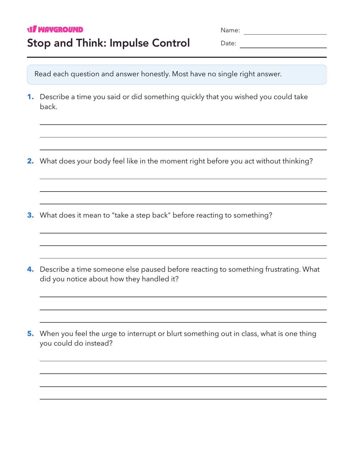 Stop and Think: Impulse Control - Printable Social-emotional-learning Worksheets Class 5 - Wayground