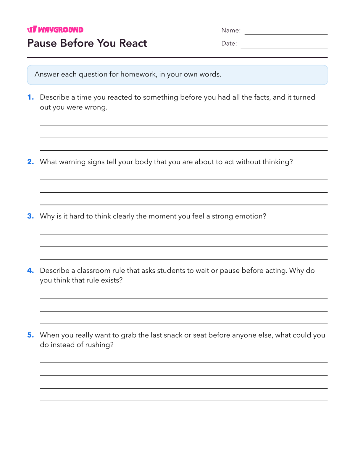 Pause Before You React - Printable Social-emotional-learning Worksheets Class 5 - Wayground