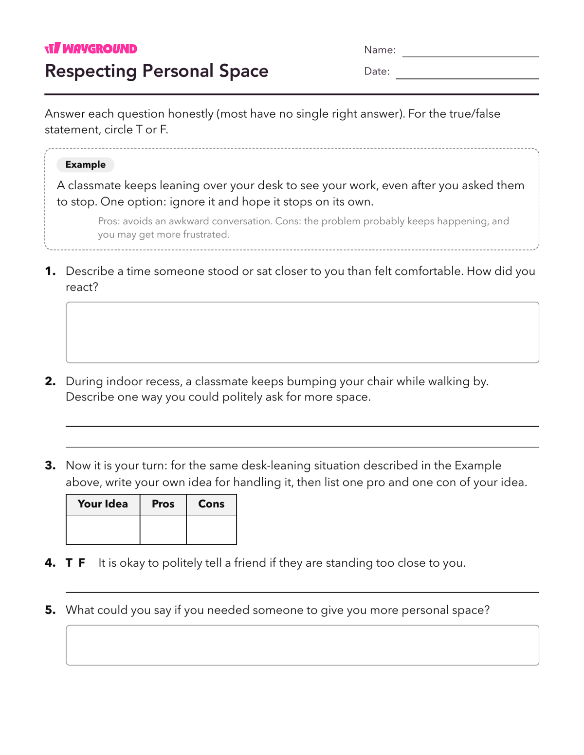 Respecting Personal Space - Printable Social-emotional-learning Worksheets Class 5 - Wayground