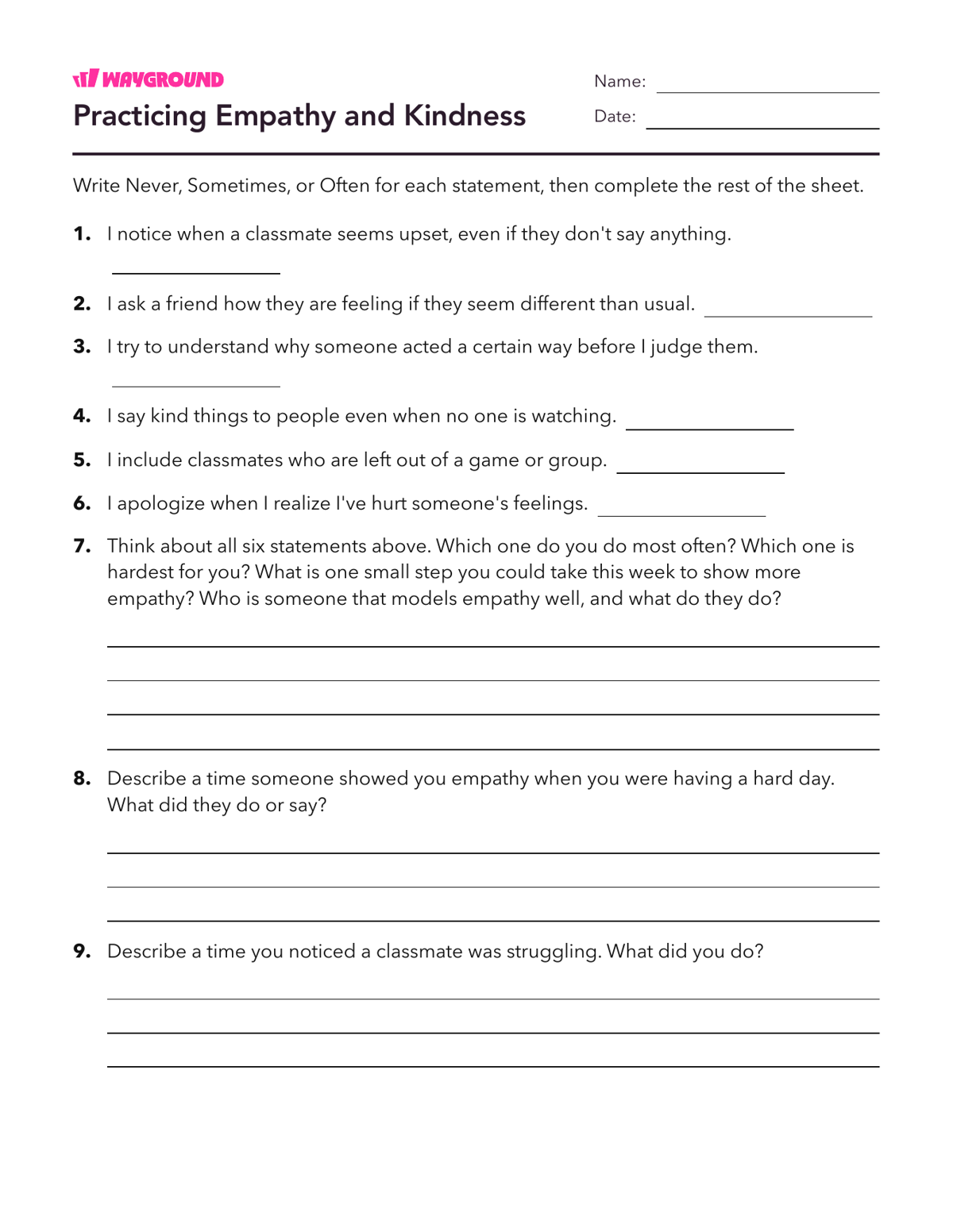 Practicing Empathy and Kindness - Printable Social-emotional-learning Worksheets Class 5 - Wayground