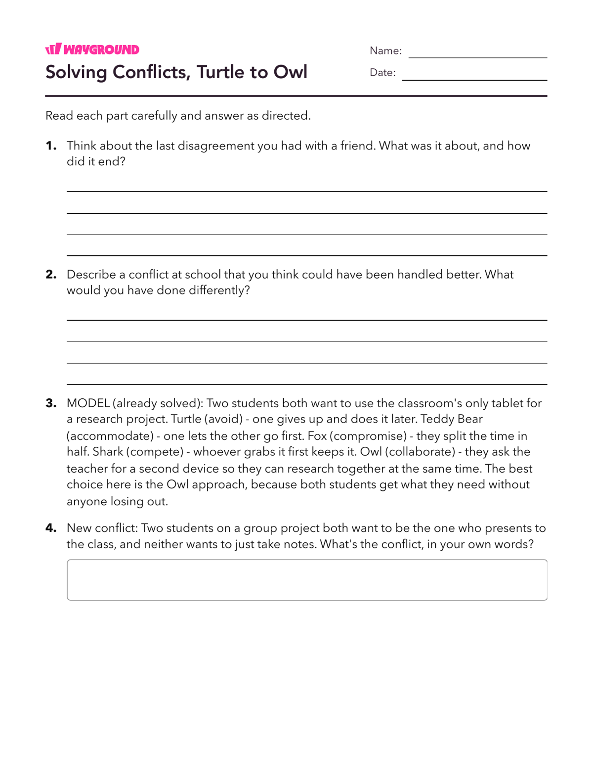 Solving Conflicts, Turtle to Owl - Printable Social-emotional-learning Worksheets Class 5 - Wayground