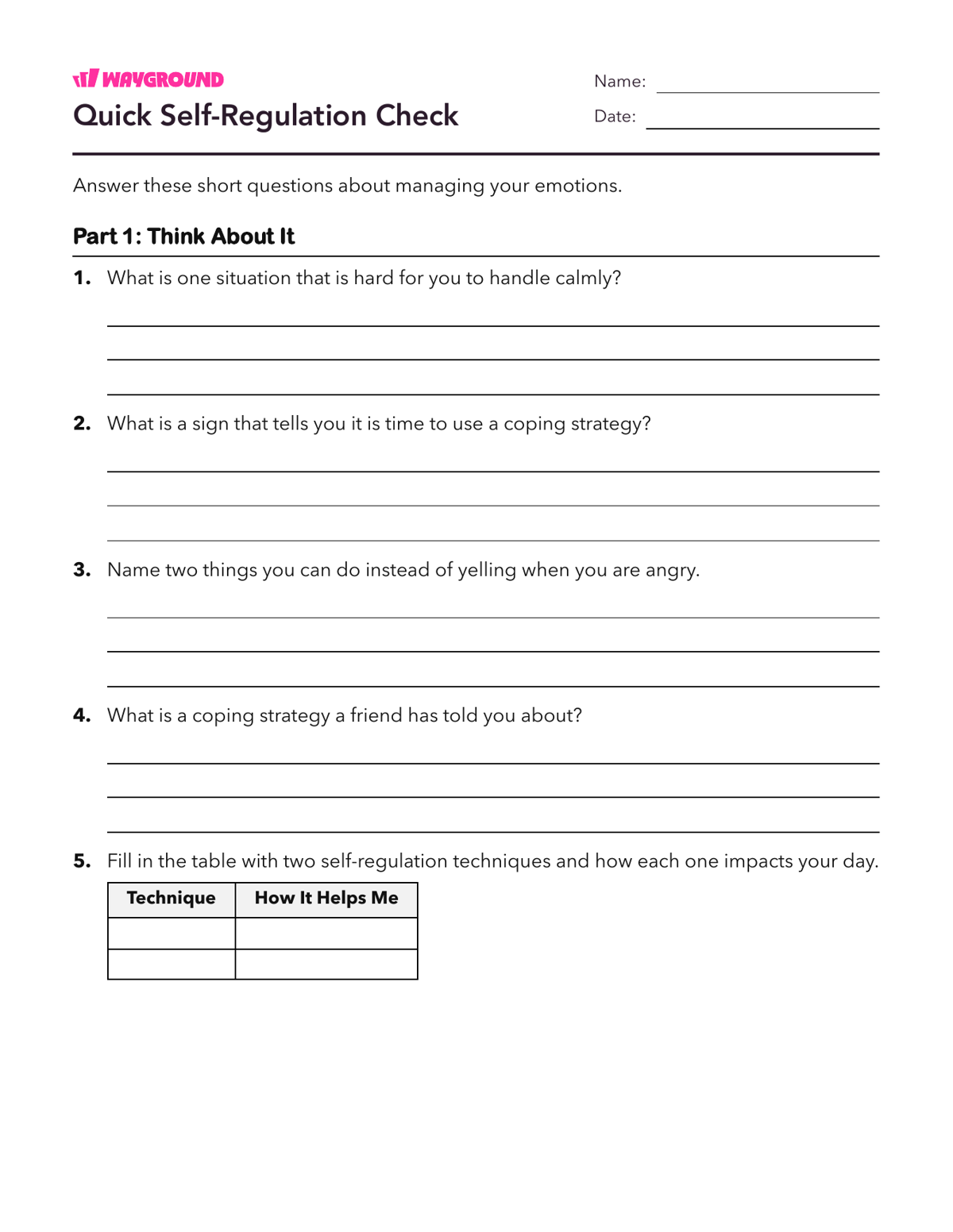 Quick Self-Regulation Check - Printable Social-emotional-learning Worksheets - Wayground