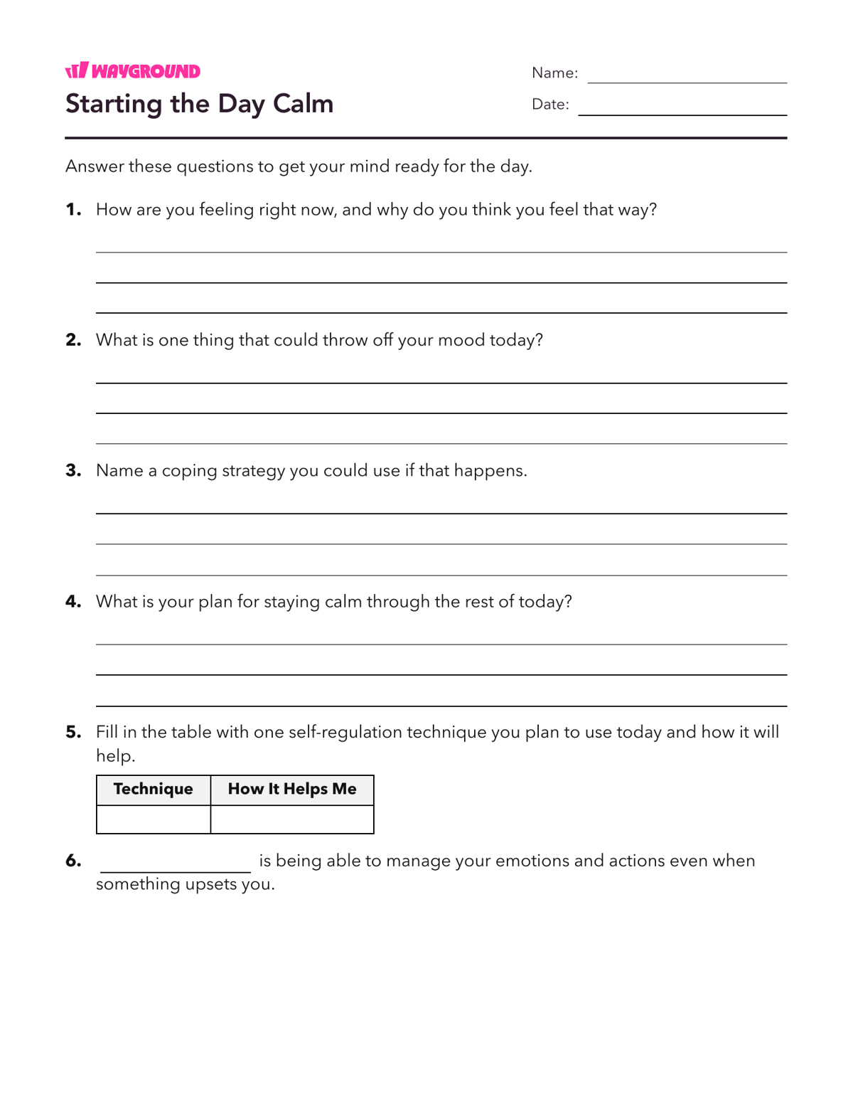Starting the Day Calm - Printable Social-emotional-learning Worksheets - Wayground
