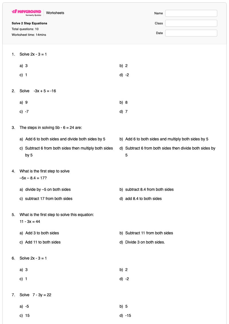 Solve 2 Step Equations - Printable Two-step-equations Worksheets - Wayground
