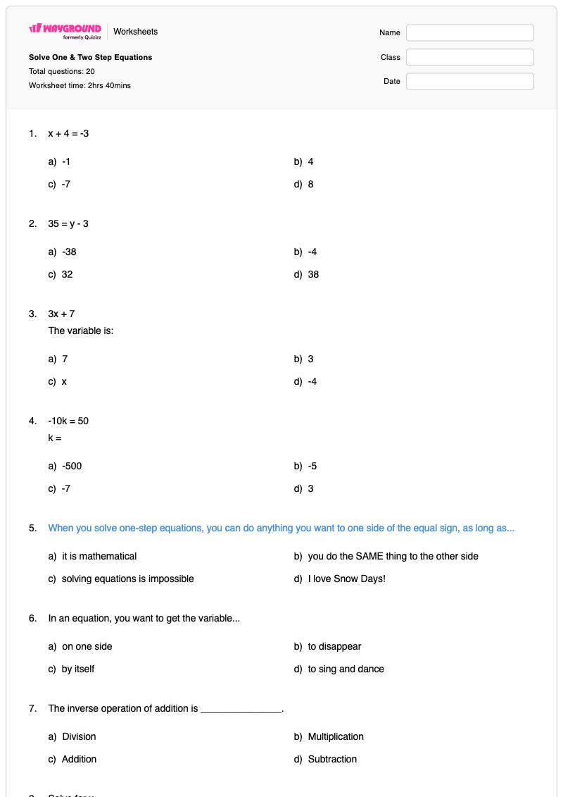 Solve One & Two Step Equations - Printable Two-step-equations Worksheets - Wayground