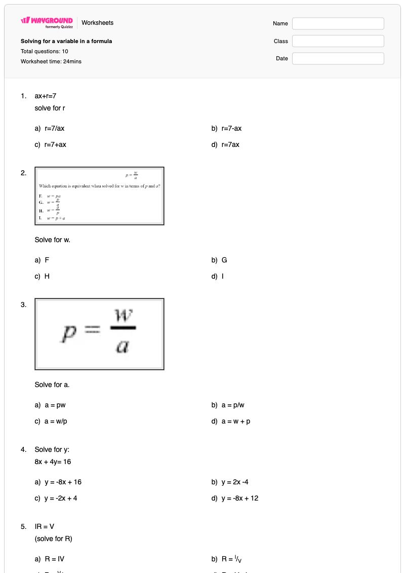 Solving for a variable in a formula - พิมพ์ได้ การแก้สมการหาค่าตัวแปร เวิร์กชีท ระดับ 10 - Wayground