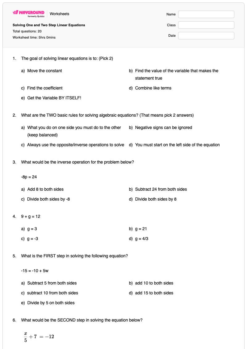 Solving One and Two Step Linear Equations - Printable Two-step-equations Worksheets - Wayground