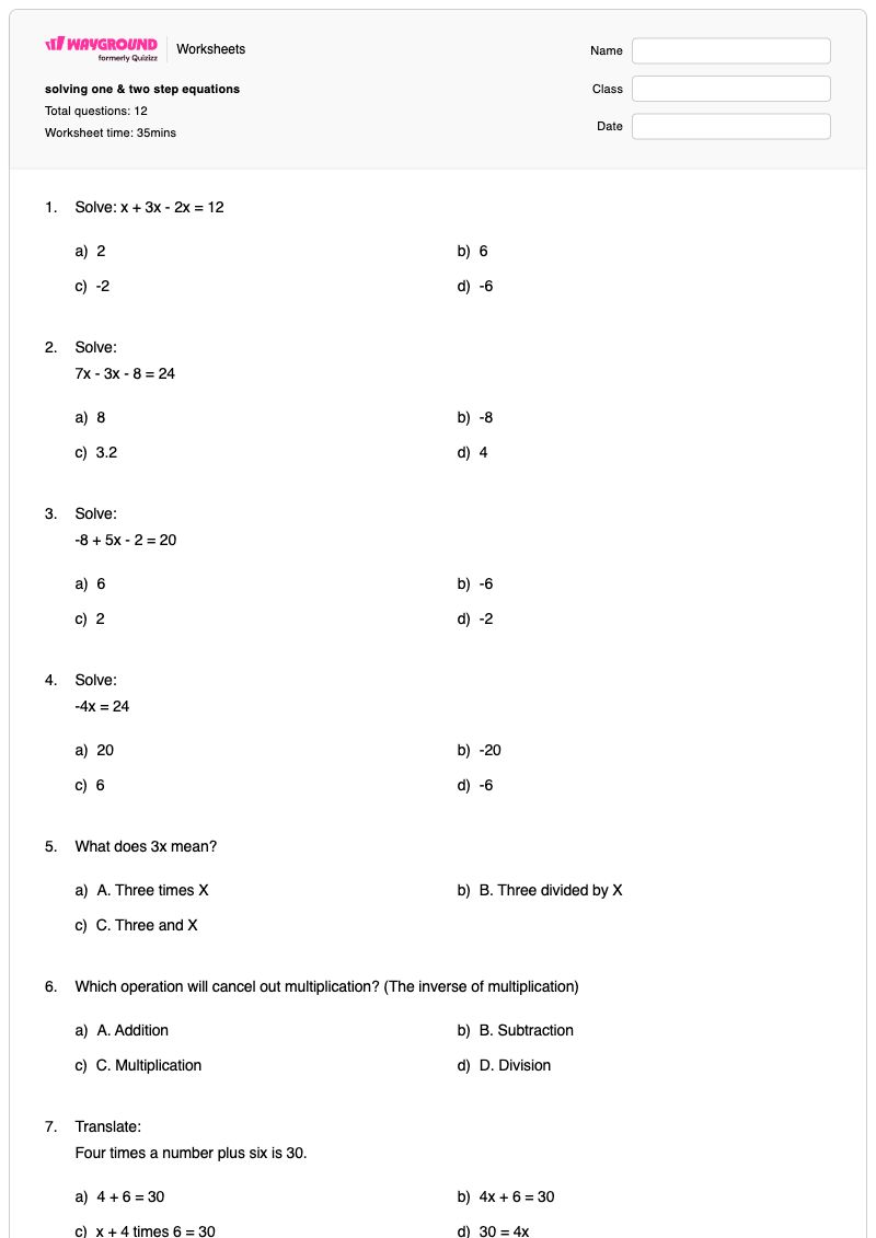 solving one & two step equations - Printable Two-step-equations Worksheets - Wayground