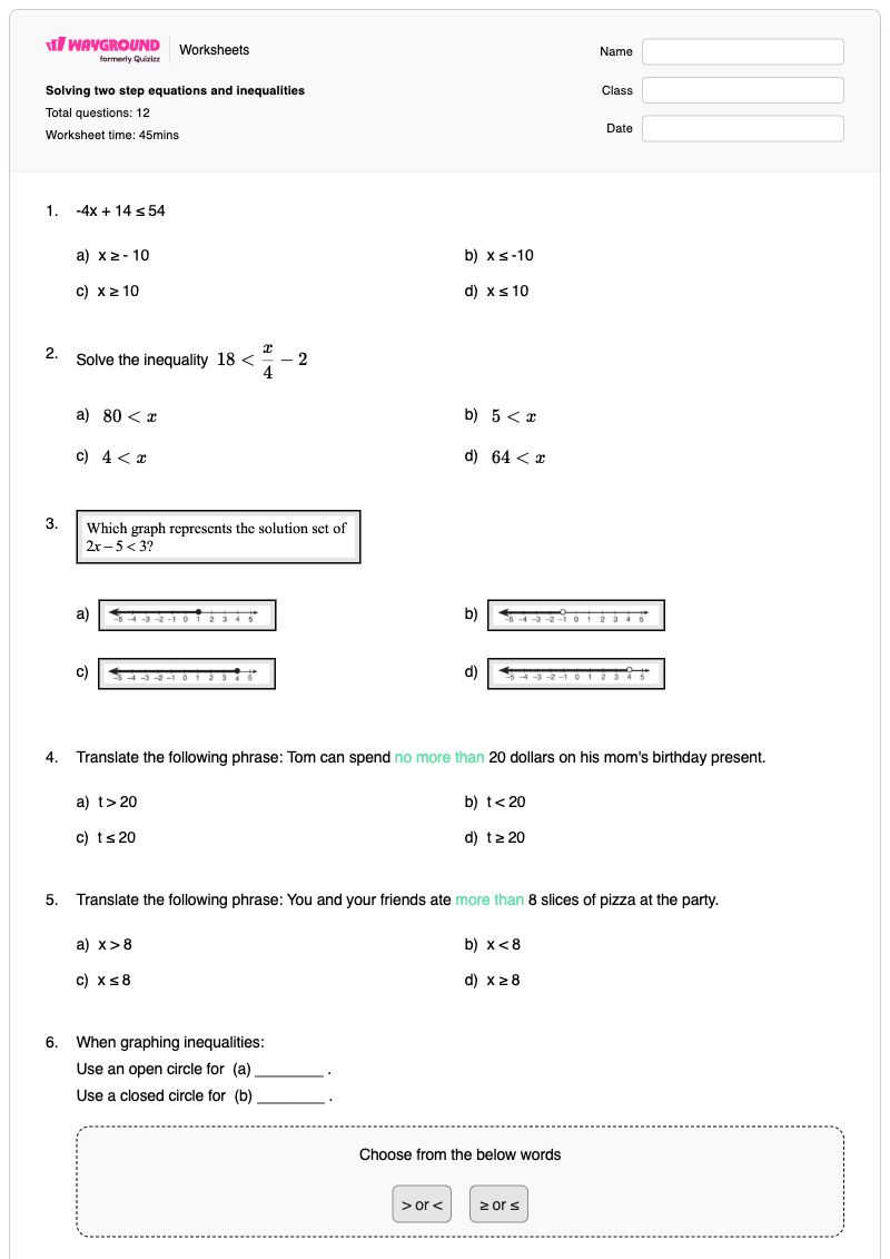 Solving two step equations and inequalities - Printable Two-step-equations Worksheets Class 8 - Wayground
