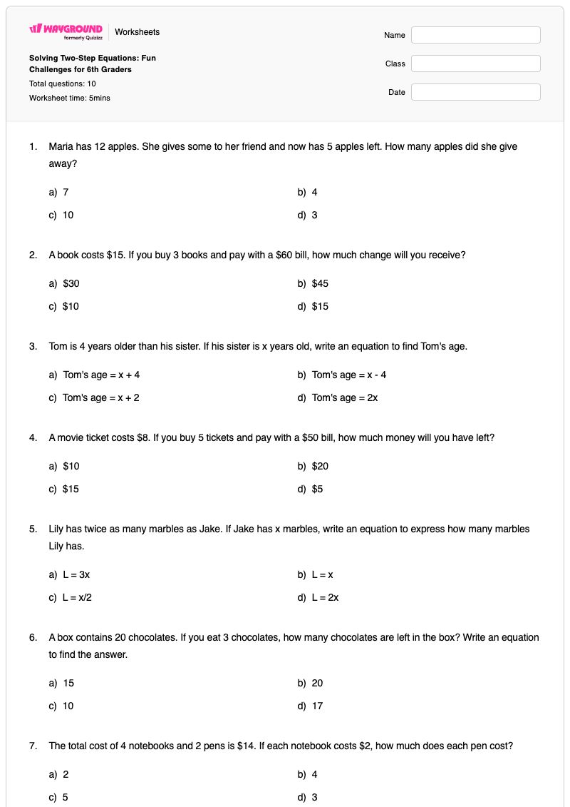 Solving Two-Step Equations: Fun Challenges for 6th Graders - Printable Two-step-equations Worksheets - Wayground