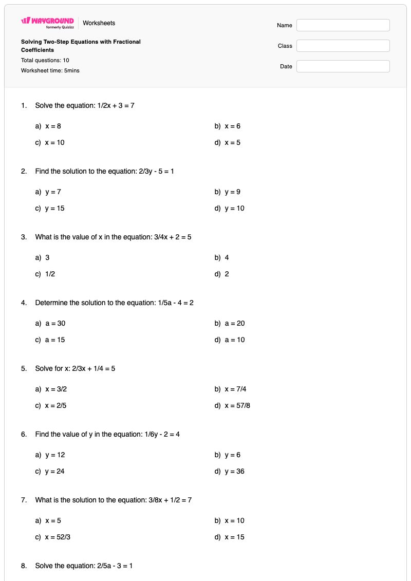 Solving Two-Step Equations with Fractional Coefficients - Printable Two-step-equations Worksheets - Wayground