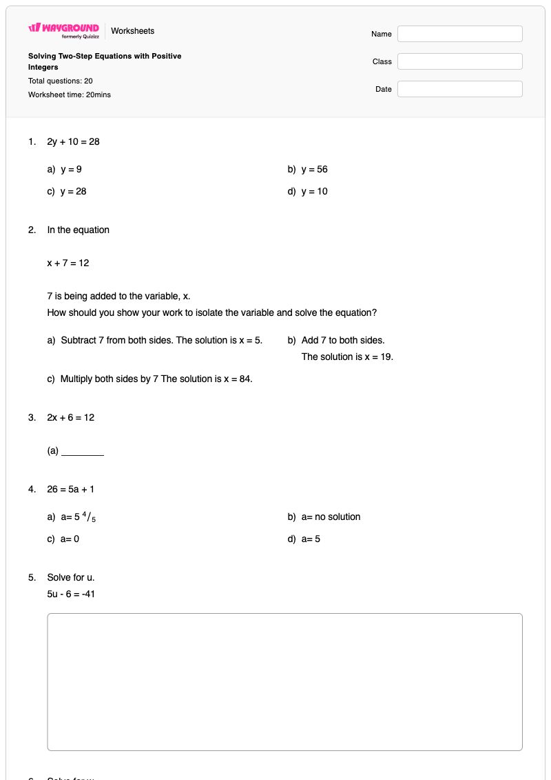Solving Two-Step Equations with Positive Integers - Printable Two-step-equations Worksheets - Wayground
