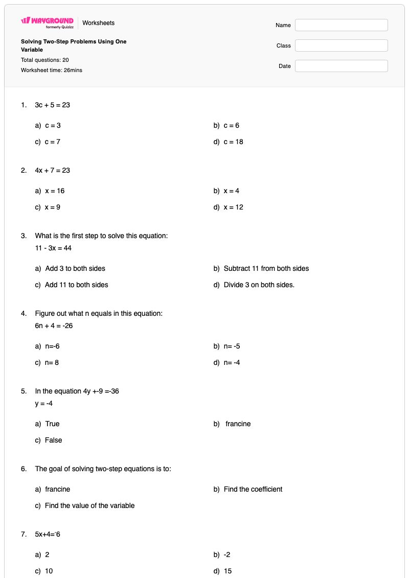 Solving Two-Step Problems Using One Variable - Printable Two-step-equations Worksheets - Wayground